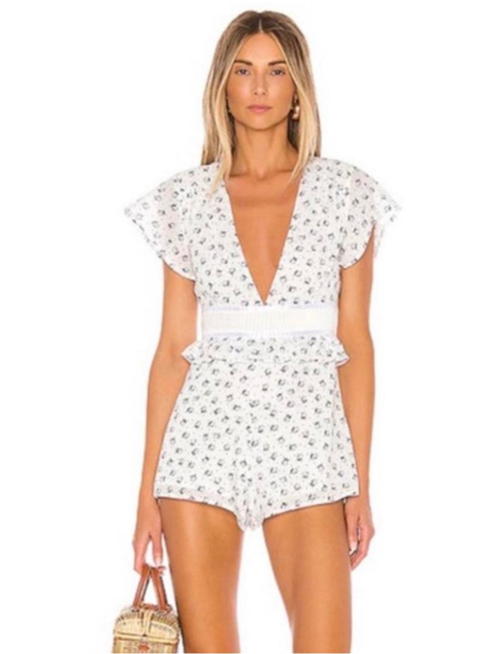 REVOLVE White Floral V-Neck One-Piece Romper Privacy Please